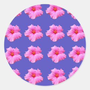 Pink Hibiscus Flowers On Purple, Classic Round Sticker