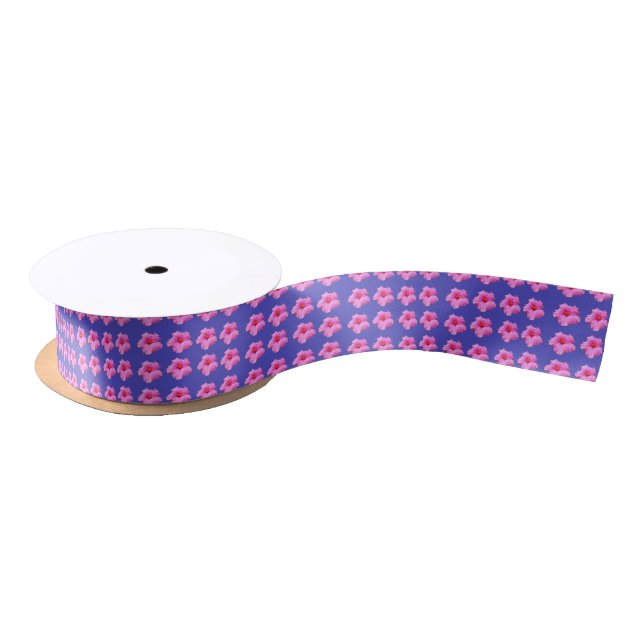 Pink Hibiscus Flowers On Purple, Satin Ribbon (Spool)