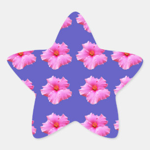 Pink Hibiscus Flowers On Purple, Star Sticker