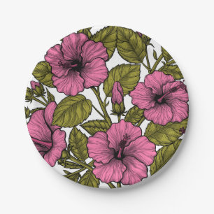 Pink hibiscus flowers paper plate