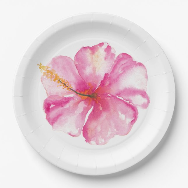 Pink Hibiscus Flowers Paper Plates (Front)