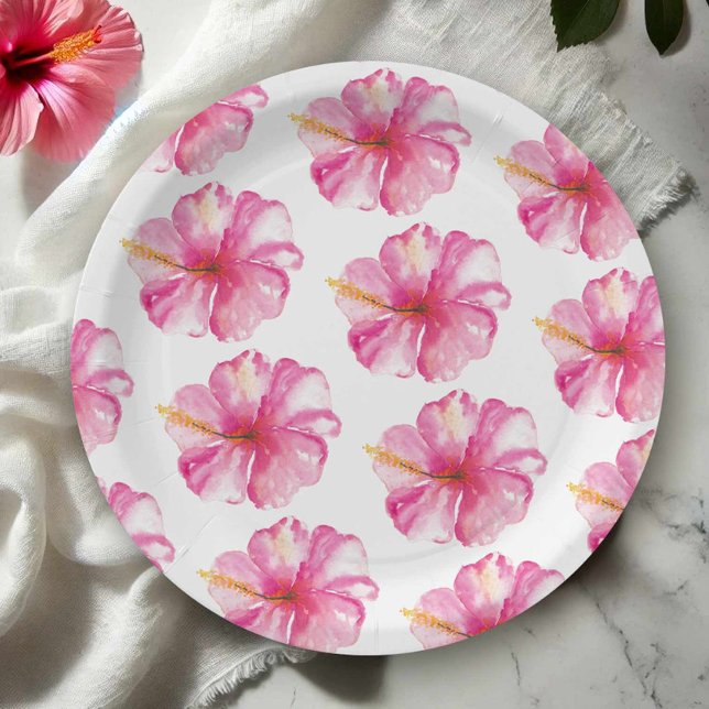 Pink Hibiscus Flowers Pattern Paper Plates (Hawaiian theme party accessories features hibiscus flower paper plates)