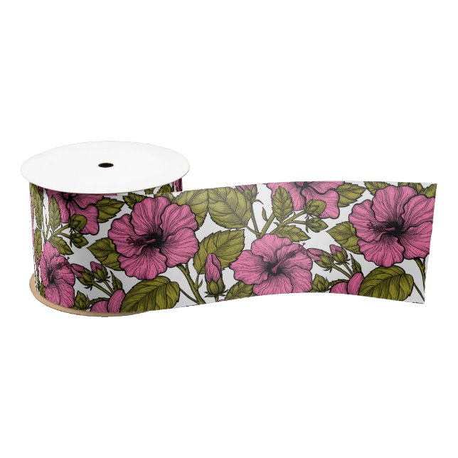 Pink hibiscus flowers satin ribbon (Spool)
