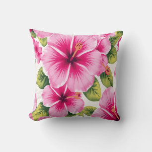Pink Hibiscus Flowers – Tropical Elegant White Cushion