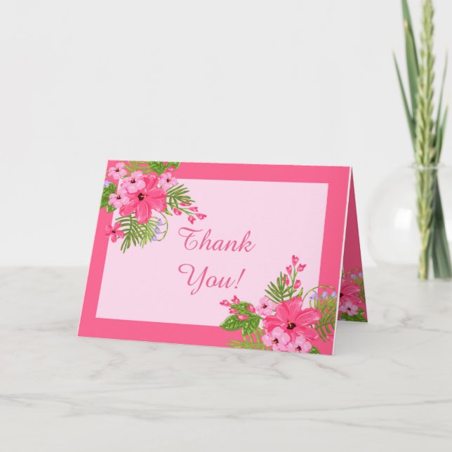 Pink Hibiscus Hawaiian Folded Thank You Card (Front)