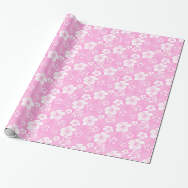 Pink Hibiscus Honu Hawaiian Pattern Wrapping Paper (Unrolled)