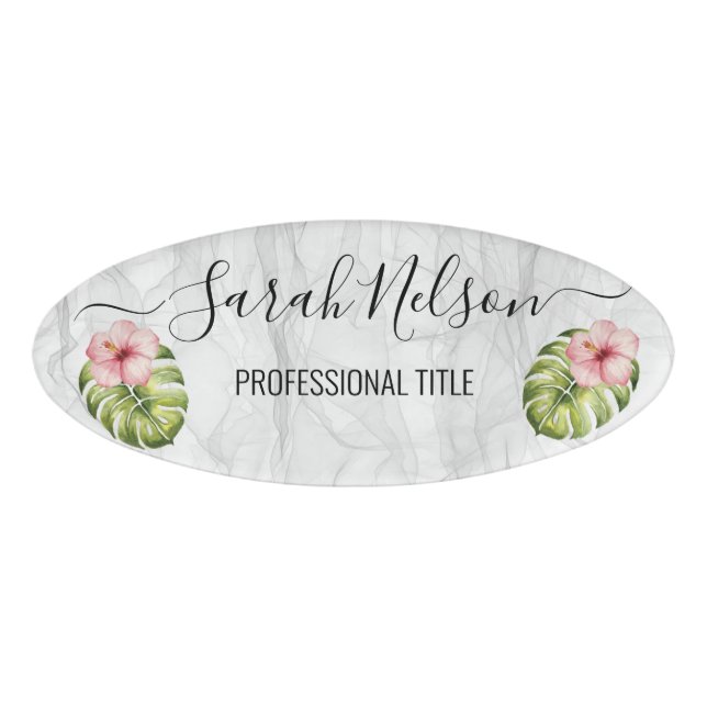 Pink Hibiscus Marble  Name Tag (Front)