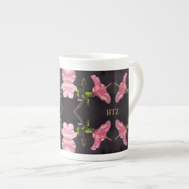 Pink Hibiscus on Black Bone China Mug (Front Right)