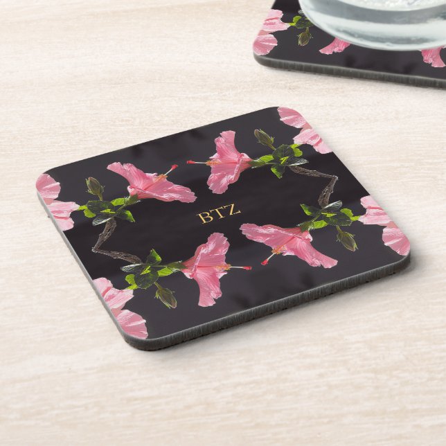Pink Hibiscus on Black Coaster (Left Side)