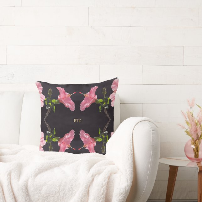 Pink Hibiscus on Black Cushion (Couch)
