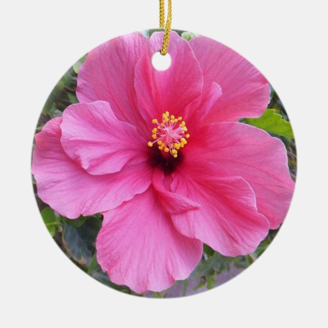 Pink Hibiscus ornament, customise Ceramic Tree Decoration (Front)