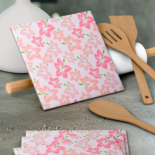 Pink Hibiscus, Pink Flowers, Pattern Of Flowers Ceramic Tile (Creator Uploaded)