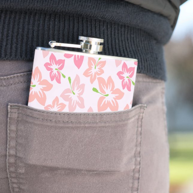 Pink Hibiscus, Pink Flowers, Pattern Of Flowers Hip Flask (In Situ)