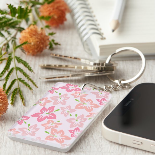 Pink Hibiscus, Pink Flowers, Pattern Of Flowers Key Ring (Front Right)