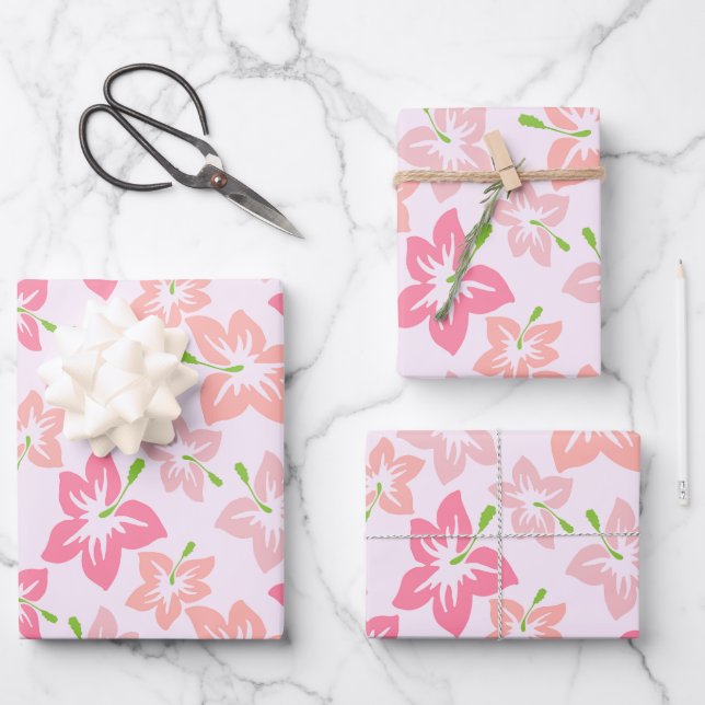 Pink Hibiscus, Pink Flowers, Pattern Of Flowers Wrapping Paper Sheet (Front)