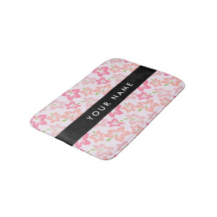 Pink Hibiscus, Pink Flowers, Your Name Bath Mat