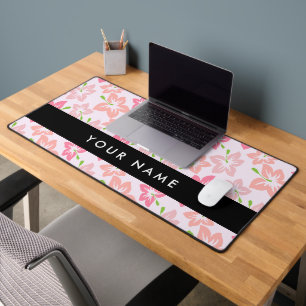 Pink Hibiscus, Pink Flowers, Your Name Desk Mat