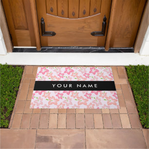 Pink Hibiscus, Pink Flowers, Your Name Doormat