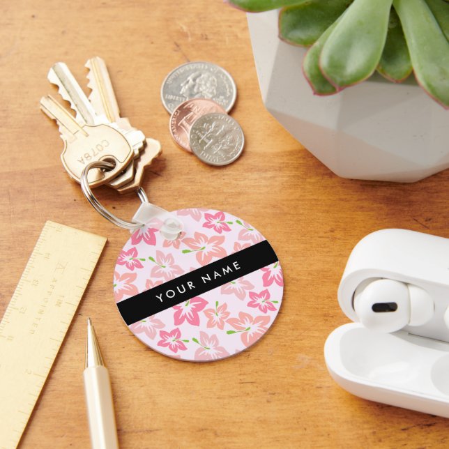 Pink Hibiscus, Pink Flowers, Your Name Key Ring (Desk)