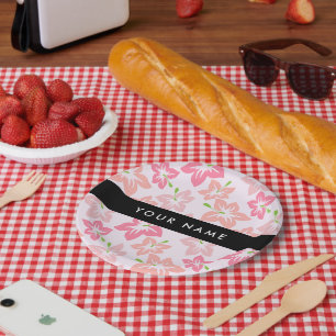 Pink Hibiscus, Pink Flowers, Your Name Paper Plate