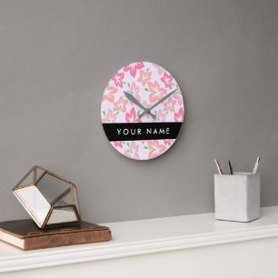 Pink Hibiscus, Pink Flowers, Your Name Round Clock