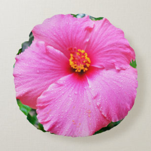 Pink Hibiscus Rain Sprinkles, Round Cushion