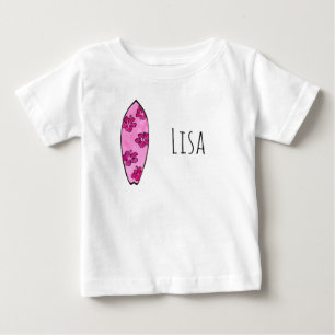 Pink hibiscus Surfboard with customisable name Baby T-Shirt