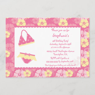 Pink hibiscus swimming birthday party invitation