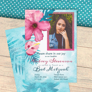 Pink Hibiscus, Teal Blue Bat Mitzvah Invitation
