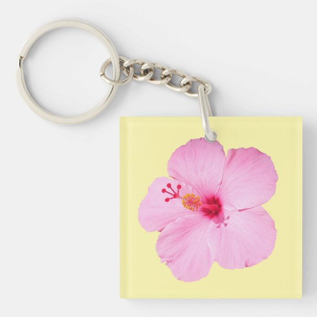 Pink Hibiscus Tropical Flower Key Ring (Front)
