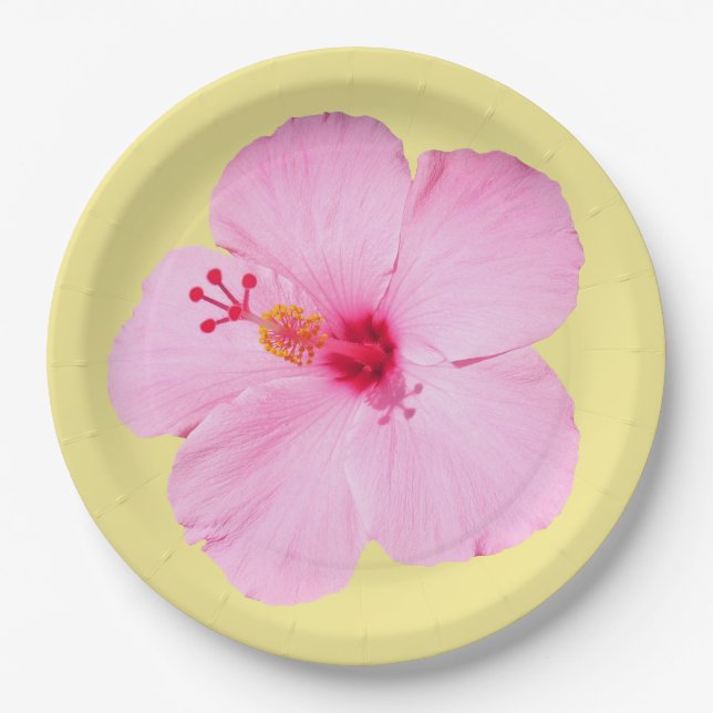 Pink Hibiscus Tropical Flower Paper Plate (Front)