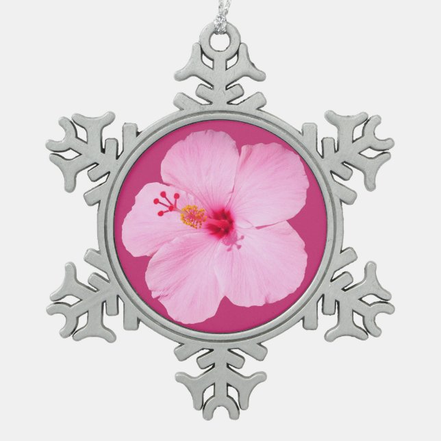 Pink Hibiscus Tropical Flower Snowflake Pewter Christmas Ornament (Front)