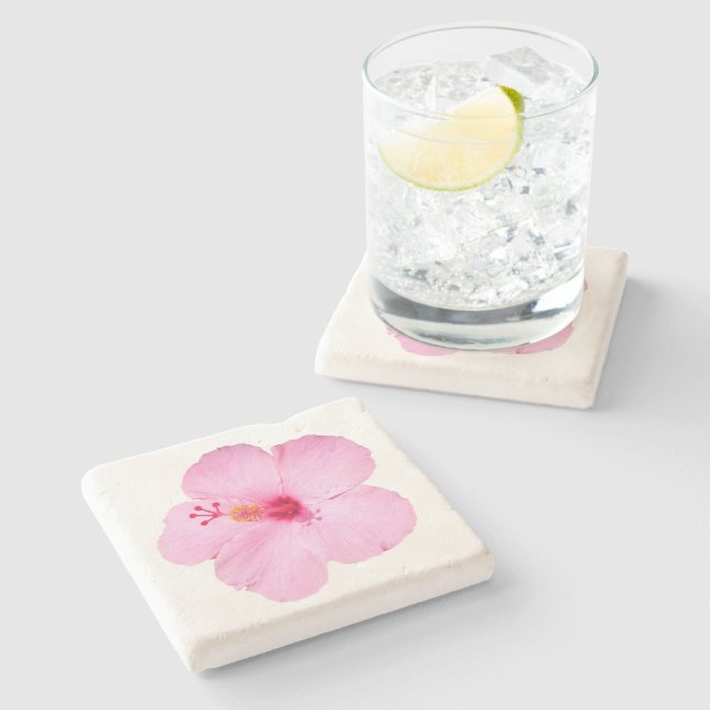 Pink Hibiscus Tropical Flower Stone Coaster (Side)