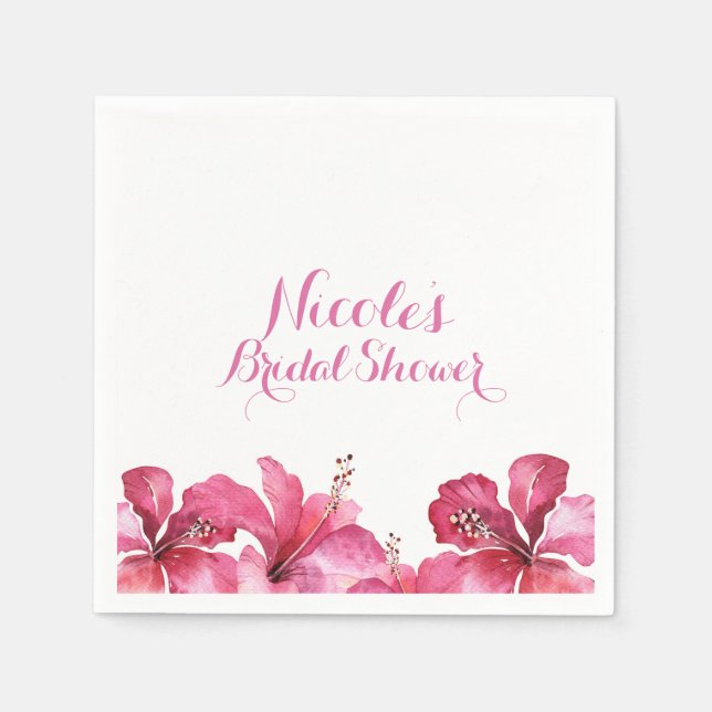 Pink Hibiscus Tropical Flowers White Party Custom Napkin (Front)