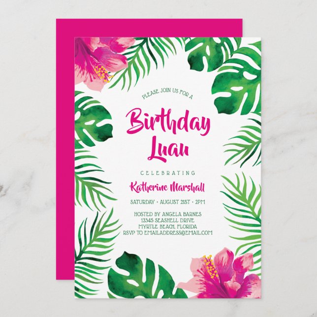 Pink Hibiscus Tropical Leaves Birthday Luau Invitation (Front/Back)