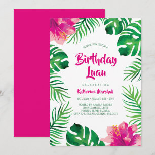 Pink Hibiscus Tropical Leaves Birthday Luau Invitation