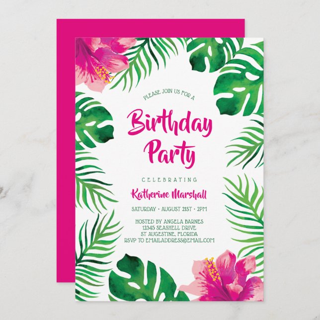 Pink Hibiscus Tropical Leaves Birthday Party Invitation (Front/Back)