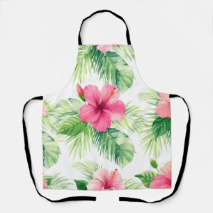 Pink Hibiscus Tropical Palm Watercolor Apron