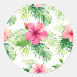 Pink Hibiscus Tropical Palm Watercolor Classic Round Sticker
