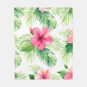Pink Hibiscus Tropical Palm Watercolor Fleece Blanket