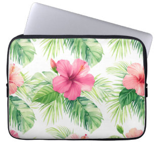 Pink Hibiscus Tropical Palm Watercolor Laptop Sleeve