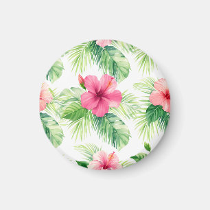 Pink Hibiscus Tropical Palm Watercolor Magnet