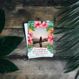 Pink Hibiscus Tropical Photo Wedding Thank You Card