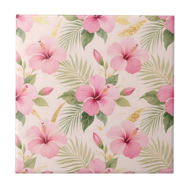 Pink Hibiscus Tropical Seamless Pattern Ceramic Tile (Front)