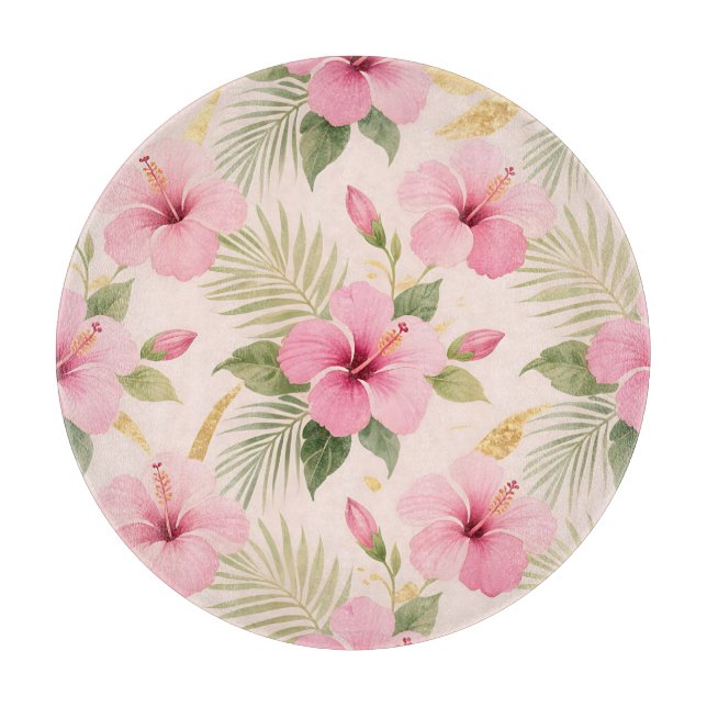 Pink Hibiscus Tropical Seamless Pattern Cutting Board (Front)