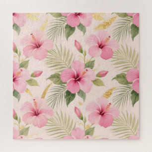 Pink Hibiscus Tropical Seamless Pattern Jigsaw Puzzle
