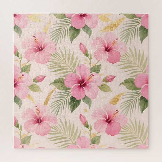 Pink Hibiscus Tropical Seamless Pattern Jigsaw Puzzle (Vertical)