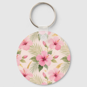 Pink Hibiscus Tropical Seamless Pattern Key Ring