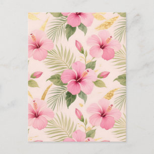 Pink Hibiscus Tropical Seamless Pattern Postcard