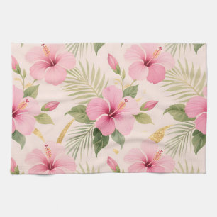 Pink Hibiscus Tropical Seamless Pattern Tea Towel